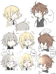 Rule 34 | ..., 1boy, 2girls, :d, ahoge, bad id, bad twitter id, bare shoulders, black capelet, black neckwear, blank eyes, blonde hair, blush, blush stickers, braid, brown hair, capelet, colorized, comic, commentary, english text, fate/apocrypha, fate/grand order, fate (series), from side, hand on own chin, highres, himey, jeanne d&#039;arc (fate), jeanne d&#039;arc (ruler) (fate), jeanne d&#039;arc alter (fate), long braid, long sleeves, looking at another, multiple girls, necktie, open mouth, purple eyes, red eyes, shirt, short hair, sieg (fate), silver hair, single braid, sleeveless, sleeveless shirt, smile, speech bubble, sweat, thinking, thumbs up, waistcoat, white shirt, yellow eyes