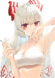 Rule 34 | 1girl, arm up, artist request, breasts, bruise, cigarette, cleavage, fujiwara no mokou, highres, holding, holding cigarette, injury, long hair, looking at viewer, medium breasts, red eyes, sarashi, silver hair, simple background, smoking, solo, strapless, touhou, tube top, white background, wiping face