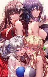 Rule 34 | 4girls, amakano 2, bare shoulders, blonde hair, blue eyes, blue ribbon, braid, breasts, brown hair, cleavage, commentary request, dress, earrings, green eyes, green ribbon, grey hair, hair ribbon, highres, himiyama rei, jewelry, kurohime yuuhi, large breasts, long hair, looking at viewer, multiple girls, necklace, one eye closed, open mouth, piromizu, purple eyes, purple hair, red dress, red eyes, ribbon, sara (amakano 2), sideboob, tsutamachi chitose, twintails