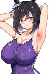 1girl absurdres animal_ears armpits blue_eyes blue_ribbon blush bow breasts cleavage closed_mouth collarbone ear_ribbon eishin_flash_(umamusume) highres horse_ears horse_girl large_breasts looking_at_viewer mitomumitomu one-piece_swimsuit presenting_armpit purple_one-piece_swimsuit ribbon short_hair simple_background smile solo swimsuit tracen_swimsuit umamusume upper_body white_background