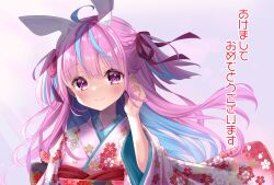 Rule 34 | 1girl, ahoge, animal ears, blue background, blue hair, blunt bangs, blush, braid, chinese zodiac, closed mouth, colored inner hair, floral print, french braid, hair ribbon, happy new year, hibidari, highres, hololive, japanese clothes, kimono, long hair, looking at viewer, minato aqua, multicolored background, multicolored hair, new year, obi, obiage, pink kimono, print kimono, purple background, purple eyes, purple hair, rabbit ears, red ribbon, ribbon, sakuramon, sash, smile, solo, streaked hair, two side up, upper body, virtual youtuber, year of the rabbit