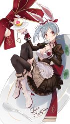 Rule 34 | 1girl, ahoge, animal ears, apron, atelier (series), atelier sophie, black thighhighs, blue hair, boots, bow, braid, braided bangs, breasts, brown eyes, brown skirt, character name, cup, earrings, flower, heart, heart earrings, high heels, highres, jewelry, knee boots, maid headdress, medium breasts, plate, pleated skirt, qmmparabellum, rabbit ears, red bow, side ponytail, signature, simple background, single earring, skirt, sleeves past wrists, solo, spoon, teacup, teapot, tess heitzmann, thighhighs, tray, waist apron, waitress, white apron, white background