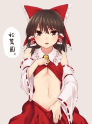 Rule 34 | 1girl, ascot, bow, breasts, brown eyes, brown hair, clothes lift, commentary request, detached sleeves, frilled bow, frilled shirt collar, frills, grey background, hair bow, hair tubes, hakurei reimu, lifted by self, long sleeves, looking at viewer, medium breasts, midriff, miyo (ranthath), navel, no bra, open mouth, red bow, red skirt, ribbon-trimmed sleeves, ribbon trim, shirt lift, short hair, simple background, skirt, solo, stomach, touhou, translation request, underboob, upper body, wide sleeves, yellow ascot