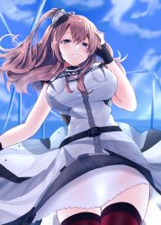 Rule 34 | 1girl, belt, belt buckle, black belt, black gloves, blue eyes, breast pocket, breasts, brown hair, buckle, buttons, cowboy shot, day, dress, gloves, hair between eyes, hand on own head, highres, kantai collection, large breasts, long hair, narushima kanna, pocket, red thighhighs, saratoga (kancolle), saratoga mk ii (kancolle), short sleeves, side ponytail, sky, smile, solo, thighhighs, white dress, wind turbine, windmill