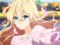 Rule 34 | 1girl, asia ladowska, blonde hair, blue eyes, blurry, blurry background, closed mouth, collarbone, commentary, derivative work, english commentary, hair between eyes, highres, long hair, looking at viewer, outdoors, petals, solo, upper body, violet evergarden, violet evergarden (series), wind
