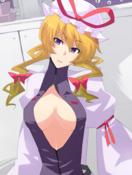 Rule 34 | 1girl, alternate costume, alternate hairstyle, bad id, bad pixiv id, blonde hair, bow, breasts, cleavage, cleavage cutout, clothing cutout, eyebrows, female focus, gap (touhou), gradient hair, hair bow, hat, highres, jont, large breasts, mob cap, multicolored hair, open clothes, purple eyes, ribbon, solo, touhou, twintails, when you see it, yakumo yukari