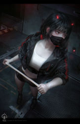 Rule 34 | 1girl, absurdres, bandaged arm, bandages, black footwear, black hair, black jacket, black socks, black shorts, breasts, brown eyes, commentary, crop top, dark, from above, highres, holding, horns, indoors, jacket, kneehighs, letterboxed, long sleeves, looking away, making-of available, mask, midriff, mouth mask, open clothes, open jacket, original, shal.e, shirt, shoes, short hair, short shorts, shorts, sidelocks, sleeves pushed up, sneakers, socks, solo, standing, thighs, watermark, white shirt