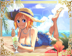 Rule 34 | 1girl, absurdres, beach, blue eyes, blue one-piece swimsuit, breasts, cidades, cleavage, cup, drinking glass, feet up, frilled swimsuit, frills, hat, highres, koala (one piece), large breasts, light brown hair, lying, on stomach, one-piece swimsuit, one piece, resting, short hair, smile, straw hat, swimsuit, tongue, tongue out