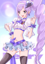 Rule 34 | 00s, 1girl, :d, :p, aono miki, bad id, bad pixiv id, black thighhighs, blue eyes, blue skirt, bow, character name, choker, cure berry, curly hair, earrings, eyelashes, fresh precure!, hair ornament, hairband, hand on own hip, heart, heart hair ornament, highres, hip focus, jewelry, kojikoji, long hair, magical girl, midriff, navel, open mouth, panties, pantyshot, ponytail, precure, purple hair, ribbon, skirt, smile, solo, thighhighs, tongue, tongue out, underwear, upskirt, very long hair, wrist cuffs