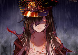 Rule 34 | 1girl, artist name, brown hair, character name, coat, collarbone, commentary request, fate/grand order, fate (series), glowing, glowing eyes, grey background, hair over one eye, hand on own chest, hat, jacket, jacket on shoulders, jewelry, lipstick, long hair, makeup, march ab, necklace, oda nobunaga (fate), oda nobunaga (koha-ace), oda uri, open clothes, open jacket, peaked cap, rain, solo, wet, wet hair, yellow eyes