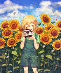 Rule 34 | 100momom, 1boy, ^ ^, basil (faraway) (omori), basil (omori), birthday, blonde hair, blush, camera, closed eyes, commentary request, daisy, dated, facing viewer, feet out of frame, flower, green shirt, hair flower, hair ornament, happy birthday, highres, holding, holding camera, male focus, omori, open mouth, orange flower, overalls, shirt, short hair, smile, solo, sunflower, white flower, yellow flower