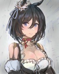 Rule 34 | 1girl, absurdres, animal ears, black hair, blue eyes, bodice, bow, breasts, choker, cleavage, closed mouth, detached sleeves, ear ribbon, eishin flash (umamusume), grey background, hair between eyes, highres, horse ears, horse girl, large breasts, looking at viewer, moor, red choker, ribbon, short hair, simple background, solo, umamusume, upper body