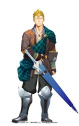 Rule 34 | 1boy, blonde hair, blue eyes, checkered clothes, closed mouth, collarbone, commentary request, fingerless gloves, gloves, itto (mentaiko), jewelry, long sleeves, male focus, necklace, original, patterned clothing, pectoral cleavage, pectorals, short hair, solo, sword, weapon