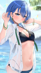 Rule 34 | 1girl, bikini, black bikini, blue eyes, blue hair, bowsan, bracelet, breasts, cleavage, collared shirt, earrings, hair between eyes, highres, hololive, hoshimachi suisei, jewelry, medium breasts, navel, official alternate hairstyle, parted lips, partially submerged, shirt, short hair, smile, solo, stomach, swimsuit, virtual youtuber, wet, wet clothes, white shirt