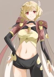 Rule 34 | 1girl, absurdres, asagao 21, asymmetrical clothes, black pants, blonde hair, breasts, cape, citrinne (fire emblem), cleavage cutout, clothing cutout, cowboy shot, crop top, fire emblem, fire emblem engage, grey background, hair ornament, highres, leggings, long sleeves, midriff, navel, nintendo, pants, red eyes, sage outfit (fire emblem engage), short hair, simple background, single pantsleg, small breasts, solo, standing, stomach