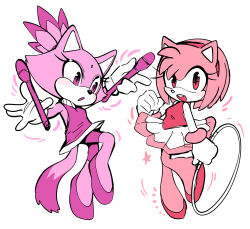 Rule 34 | 2girls, amy rose, animal ears, bike shorts, blaze the cat, blush, cat ears, cat girl, cat tail, dancing, dress, eyelashes, furry, furry female, gloves, hairband, hedgehog girl, highres, looking at viewer, mario &amp; sonic at the olympic games, mario (series), multiple girls, nintendo, open mouth, pink fur, ponytail, purple fur, short dress, smile, sonic (series), tail, tory (tory29), white background
