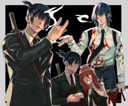 Rule 34 | 2boys, angel devil (chainsaw man), black background, black hair, black jacket, black necktie, black suit, blood, blood on clothes, blood on face, border, brown hair, chainsaw man, character name, cigarette, collared shirt, cowboy shot, earrings, food, food on face, formal, hair between eyes, hair down, halo, hayakawa aki, high ponytail, highres, holding, holding cigarette, holding food, holding ice cream, ice cream, ice cream cone, jacket, unworn jacket, jewelry, katana, long hair, long sleeves, looking to the side, male focus, medium hair, multiple boys, necktie, one eye closed, parted lips, shirt, short ponytail, smoke, smoking, suit, suit jacket, sword, tirtyturtle, twitter username, upper body, weapon, weapon on back, white shirt