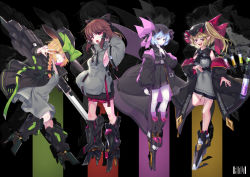Rule 34 | 4girls, alternate costume, arm up, bandaid, bandaid on face, bat wings, black bow, black headwear, black jacket, blonde hair, blue hair, blush, bow, braid, breasts, brown eyes, brown hair, clothes writing, commentary request, crystal, detached sleeves, english text, flandre scarlet, full body, green bow, green ribbon, grey sleeves, grey sweater, grin, hair bow, hair tubes, hakurei reimu, hand in pocket, hat, hat bow, hat ribbon, high heels, jacket, kirisame marisa, light blue hair, long hair, long sleeves, looking at viewer, mechanical legs, medium breasts, mob cap, multiple girls, open mouth, pointy ears, red bow, red eyes, red ribbon, remilia scarlet, ribbon, short hair, siblings, sideboob, sidelocks, single braid, sisters, smile, standing, standing on one leg, sweater, teeth, tendou kaoru, touhou, v over eye, wings, witch hat, yellow eyes