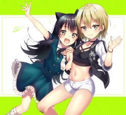 Rule 34 | 2girls, :d, absurdres, animal ears, arm up, bad id, bad pixiv id, bandaid, bandaid on knee, bandaid on leg, bare legs, black choker, black hair, black jacket, black shirt, blue shirt, blue skirt, breasts, brown hair, buttons, cat ears, choker, closed mouth, collarbone, crop top, earrings, fang, frilled skirt, frills, hand up, highres, ichiren namiro, indie virtual youtuber, jacket, jewelry, kneehighs, long hair, looking at viewer, maomi yuka, maomi yuka (channel), midriff, multiple girls, navel, necktie, notice lines, open clothes, open jacket, open mouth, outstretched arm, paw print, raglan sleeves, shirt, short hair, short shorts, short sleeves, shorts, skirt, small breasts, smile, socks, stomach, thighs, virtual youtuber, white legwear, white neckwear, white shorts, wing collar, yellow eyes