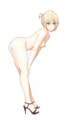 Rule 34 | 1girl, ass, blonde hair, breasts, feet, full body, hands on own knees, highres, looking at viewer, nude, parted lips, short hair, short ponytail, toes, yellow eyes