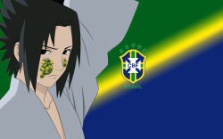 Rule 34 | 1boy, artist request, brazil, camouflage, crest, gradient background, highres, male focus, naruto, naruto (series), soccer, solo, uchiha sasuke, world cup