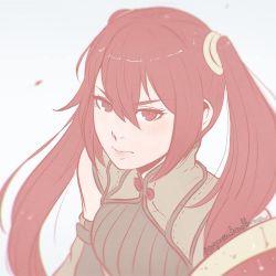 Rule 34 | 1girl, artist name, female focus, fire emblem, fire emblem awakening, flat color, koyorin, long hair, looking at viewer, nintendo, pale color, portrait, red eyes, red hair, severa (fire emblem), simple background, sketch, solo, twintails, watermark, web address, white background