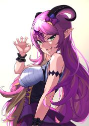 Rule 34 | 1girl, absurdres, arm at side, armlet, blonde hair, bow, breasts, bustier, claw pose, colored inner hair, demon girl, demon horns, fang, frilled cuffs, from side, green eyes, grin, hair bow, hand up, highres, hololive, horns, large breasts, long hair, mano aloe, multicolored hair, open mouth, oukafafafa, pink hair, pointy ears, purple skirt, ribbed shirt, shirt, simple background, skirt, sleeveless, sleeveless shirt, smile, smirk, solo, sparkle hair ornament, two-tone hair, very long hair, virtual youtuber, white background, wrist cuffs