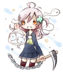 Rule 34 | 1girl, ahoge, bag, blush stickers, chain, fang, ghost, kusarigama, long hair, mapico, open mouth, original, sickle, skull, solo, thighhighs, weapon, zettai ryouiki