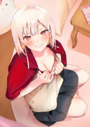 Rule 34 | 1girl, black skirt, blush, breasts, cleavage, collarbone, from above, grin, highres, looking at viewer, looking up, medium breasts, on floor, original, pleated skirt, red eyes, shirt, short sleeves, sitting, skirt, smile, solo, table, tomozero, white hair, white shirt, yokozuwari