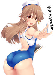 Rule 34 | 10s, 1girl, ass, braid, brown eyes, brown hair, competition swimsuit, from behind, hat, high school fleet, highres, long hair, looking at viewer, nksk, nosa kouko, one-piece swimsuit, sailor hat, solo, sparkle, stylus, swimsuit, tablet pc, translation request, twin braids
