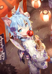 Rule 34 | 1girl, animal ear fluff, animal ears, blue hair, blurry, blurry foreground, candy apple, cat ears, commentary request, floral print, flower, food, fox mask, from above, gabiran, green eyes, hair between eyes, hair flower, hair ornament, hand fan, holding, holding food, japanese clothes, kimono, lamp, lantern, long sleeves, looking at viewer, looking up, market stall, mask, mask on head, night, outdoors, paper fan, paper lantern, print kimono, purple flower, sinon, solo focus, summer festival, sword art online, tail, uchiwa, unworn mask, white kimono, wide sleeves, yukata