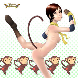 Rule 34 | 1girl, ass, bad id, bad pixiv id, balancing, boots, breasts, brown eyes, brown hair, dimples of venus, eileen, elbow pads, female focus, fingerless gloves, gloves, leg lift, looking back, monkey, monkey tail, neckerchief, nipples, nose, nude, petite, polka dot, polka dot background, scarf, short hair, shuuji (shumi), small breasts, solo, standing, standing on one leg, tail, thighs, virtua fighter, virtua fighter 5