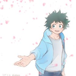 Rule 34 | 1boy, blue jacket, blue pants, boku no hero academia, buthikireta, commentary request, cowboy shot, dated, freckles, green eyes, green hair, hood, hood down, hooded jacket, jacket, looking at viewer, male focus, midoriya izuku, open clothes, open jacket, open mouth, pants, petals, shirt, short hair, simple background, smile, solo, twitter username, white background, white shirt