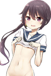 Rule 34 | 1girl, akebono (kancolle), bad id, bad pixiv id, bell, blush, bottomless, breasts, clothes lift, flower, gantan, hair bell, hair between eyes, hair flower, hair ornament, highres, jingle bell, kantai collection, lifted by self, long hair, navel, no panties, out-of-frame censoring, purple eyes, purple hair, school uniform, serafuku, shirt lift, short sleeves, side ponytail, simple background, small breasts, solo, very long hair, wavy mouth, white background