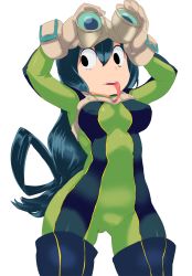 Rule 34 | 10s, 1girl, asui tsuyu, bodysuit, boku no hero academia, breasts, goggles, highres, long hair, man0., open mouth, solo, tongue, tongue out, white background