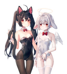 Rule 34 | 2girls, ahoge, angel wings, animal ears, arm at side, bad id, bad pixiv id, bare arms, bare shoulders, black hair, black legwear, black leotard, blush, bow, bowtie, breasts, cat ears, cat tail, closed mouth, collar, commentary request, covered navel, cowboy shot, detached collar, extra ears, fake animal ears, fang, feathered wings, frown, grey hair, halo, hand up, highleg, highleg leotard, highres, kittysuit, leotard, long hair, looking at viewer, medium breasts, multiple girls, nail polish, nontraditional playboy bunny, original, pale skin, pantyhose, playboy bunny, pointy ears, rabbit ears, rabbit girl, red bow, red eyes, shiro albino, short hair, simple background, skin fang, small breasts, strapless, strapless leotard, tail, tail grab, thigh gap, thighhighs, twintails, white background, white collar, white legwear, white leotard, white wings, wings, wrist cuffs