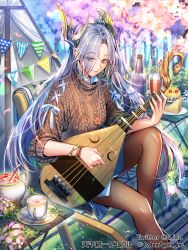 Rule 34 | 1girl, androgynous, artist name, biwa lute, blue skirt, bottle, brown eyes, brown pantyhose, brown sweater, chair, cherry blossoms, company name, cup, day, drink, eyes visible through hair, flower, flower necklace, hanami, instrument, jewelry, knee up, long hair, looking at viewer, lute (instrument), music, necklace, official art, outdoors, pantyhose, playing instrument, sila (carpen), silver hair, sitting, skirt, smile, spring (season), string of flags, sweater, teacup, tenka touitsu chronicle, tent, very long hair, watermark