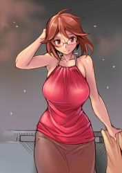 Rule 34 | 1girl, aged up, breasts, brown hair, cloud, glasses, hand to head, jacket, unworn jacket, large breasts, looking at viewer, pencil skirt, railing, rozen maiden, short hair, simple background, skirt, solo, souseiseki, tsuda nanafushi