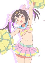 Rule 34 | 1girl, arm up, bare arms, black hair, blue sailor collar, breasts, brown eyes, cheerleader, commentary, cowboy shot, flying sweatdrops, frilled skirt, frills, groin, hair between eyes, hair ornament, hair ribbon, hairclip, highres, holding, holding pom poms, light blush, long hair, looking at viewer, medium breasts, multicolored hair, navel, noyama takenoko, official alternate costume, onii-chan wa oshimai!, open mouth, outline, oyama mihari, pleated skirt, pom pom (cheerleading), pom poms, purple hair, ribbon, sailor collar, simple background, skirt, solo, stomach, strapless, tube top, twintails, two-tone hair, underboob, white background, white outline