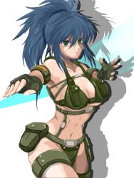 Rule 34 | 1girl, abs, alternate costume, armband, bikini, blue eyes, blue hair, breasts, cleavage, crotch plate, dew (dewichi), earrings, fighting stance, fingerless gloves, gloves, green bikini, green eyes, holster, jewelry, large breasts, leona heidern, long hair, matching hair/eyes, navel, ponytail, pouch, revealing clothes, shoulder holster, solo, suspenders, swimsuit, the king of fighters, underboob