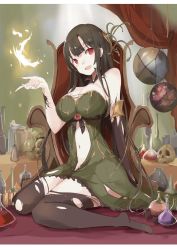 Rule 34 | 1girl, bare shoulders, black thighhighs, breasts, brooch, brown hair, character request, cleavage, commentary request, dress, elbow gloves, fang, fire, fire, flask, full body, gloves, green dress, highres, jewelry, large breasts, lingerie, long hair, looking at viewer, original, pale skin, red eyes, sitting, skull, snake hair, solo, tetsurou (fe+), thighhighs, torn clothes, torn thighhighs, underwear, vampire, very long hair