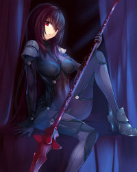 Rule 34 | 1girl, armor, armored boots, asato (fadeless), bodysuit, boots, breasts, covered navel, fate/grand order, fate (series), gae bolg (fate), high heels, highres, holding, holding weapon, large breasts, long hair, looking at viewer, parted lips, purple hair, scathach (fate), scathach (fate), shoulder armor, sitting, solo, very long hair, weapon