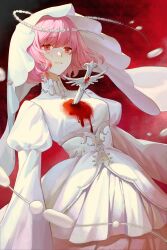 Rule 34 | 1girl, beads, blood, blood on clothes, breasts, dagger, dress, gem, highres, impaled, juliet sleeves, knife, long sleeves, looking at viewer, original, parted lips, pink eyes, pink hair, puffy sleeves, red background, red eyes, red gemstone, sannanani, short hair, smile, solo, veil, weapon, white dress, white veil