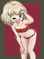 Rule 34 | 1girl, ;d, bare shoulders, bikini, blonde hair, blue eyes, bob cut, border, commentary, fang, flat chest, girls und panzer, green border, hand in own hair, hand on own knee, katyusha (girls und panzer), leaning forward, looking at viewer, navel, one eye closed, open mouth, outline, outside border, red background, red bikini, short hair, smile, solo, standing, strapless, strapless bikini, swimsuit, takahashi kurage, textless version, thigh gap, white outline