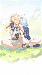 Rule 34 | 2girls, ahoge, arm around shoulder, bare legs, blonde hair, blue bow, blue eyes, blue sky, blurry, bow, bowtie, closed eyes, crop top, crossed legs, depth of field, flower, furina (genshin impact), genshin impact, gloves, grass, hair between eyes, hair flower, hair flowing over, hair ornament, hair over eyes, halterneck, hand on another&#039;s shoulder, highres, leaning on person, lumine (genshin impact), maya king, multiple girls, one eye covered, open mouth, outdoors, shoes, short hair, shorts, single glove, sitting, sky, smile, wind, yuri