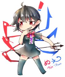 Rule 34 | 1girl, asymmetrical wings, black dress, black hairband, black thighhighs, blue wings, bow, bowtie, center frills, chibi, chibi only, dress, frills, full body, hairband, holding trident, houjuu nue, kibayashi kimori, no shoes, one-hour drawing challenge, open mouth, pointy ears, red bow, red bowtie, red eyes, red wings, short dress, simple background, solo, standing, teeth, thighhighs, touhou, white background, wings