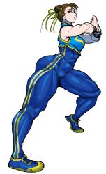 Rule 34 | 1girl, abs, alternate costume, ass, bad id, bad tumblr id, blue bodysuit, bodysuit, breasts, brown eyes, brown hair, capcom, chun-li, curvy, double bun, from side, full body, hair bun, hair ribbon, highres, hip focus, huge ass, legs, medium breasts, palm-fist greeting, pink lips, ribbon, shoes, sleeveless, sneakers, solo, street fighter, street fighter zero (series), synecdoche, thick thighs, thighs, vest, white background, wide hips, yellow ribbon