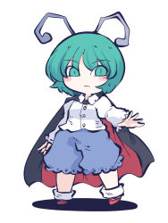 Rule 34 | 1girl, antennae, black cape, blue shorts, blush stickers, cape, chahan (fried rice0614), closed mouth, collared shirt, full body, green eyes, green hair, highres, long sleeves, one-hour drawing challenge, shirt, short hair, shorts, simple background, solo, touhou, white background, white shirt, wriggle nightbug