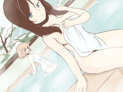 Rule 34 | 10s, 2girls, bath, black hair, blonde hair, blue eyes, breasts, brown hair, closed mouth, covering privates, dutch angle, girls und panzer, hair over shoulder, highres, holding, holding towel, katyusha (girls und panzer), light smile, long hair, looking at another, looking at viewer, medium breasts, multiple girls, naked towel, nonna (girls und panzer), nude cover, open mouth, short hair, sideboob, sitting, smile, standing, towel, wading