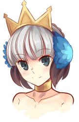 Rule 34 | 1girl, bare shoulders, boa (brianoa), choker, closed mouth, crown, gwendolyn (odin sphere), hair ornament, looking at viewer, odin sphere, short hair, simple background, smile, solo, white hair